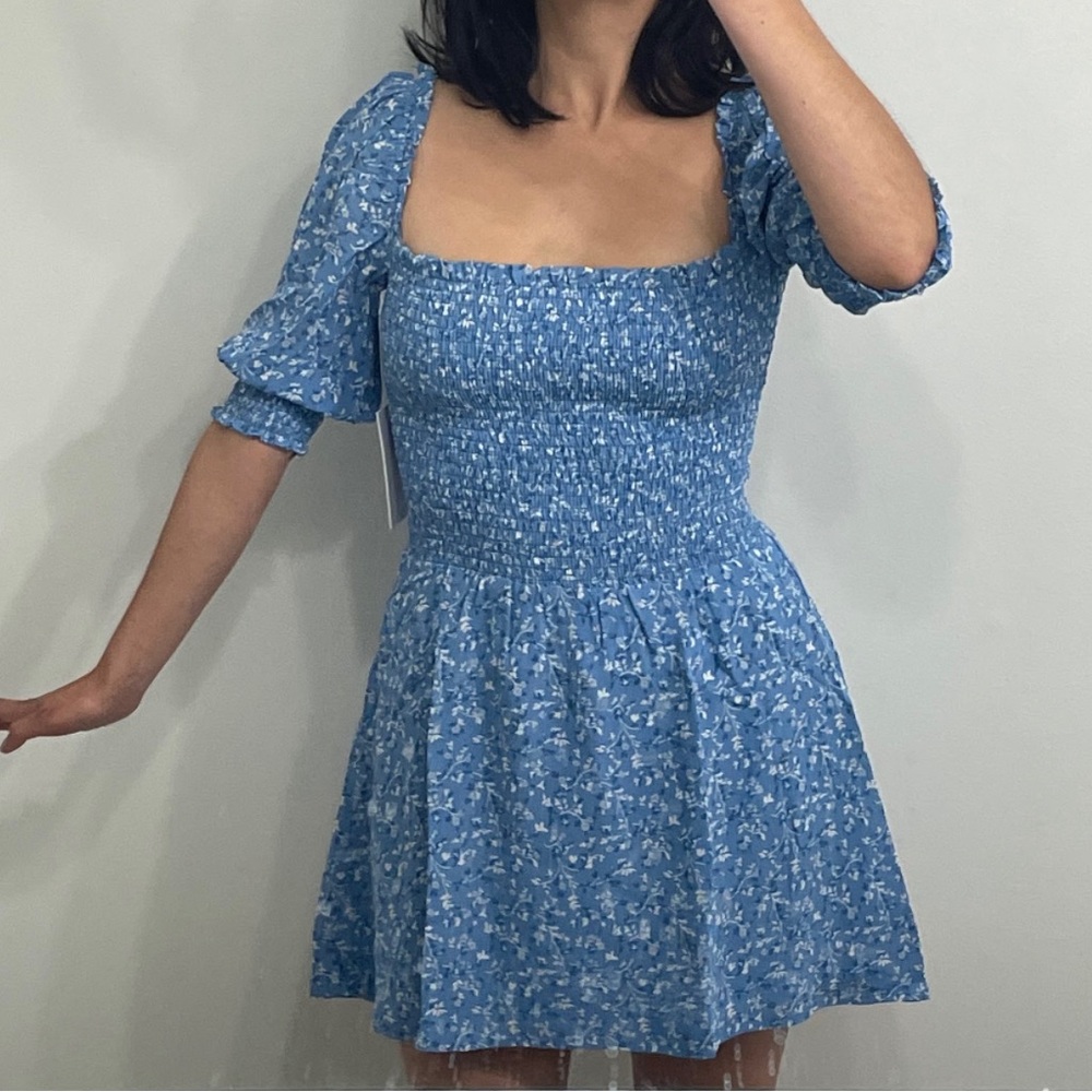 Reformation Orangerie Smocked Square Neck Puff Sleeve Mini Dress Azzurro Blue S